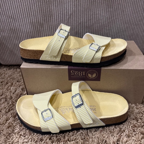 Birki's by Birkenstock Aziza Yellow & White Stripes Double Strap Slides Sandals - Picture 1 of 13